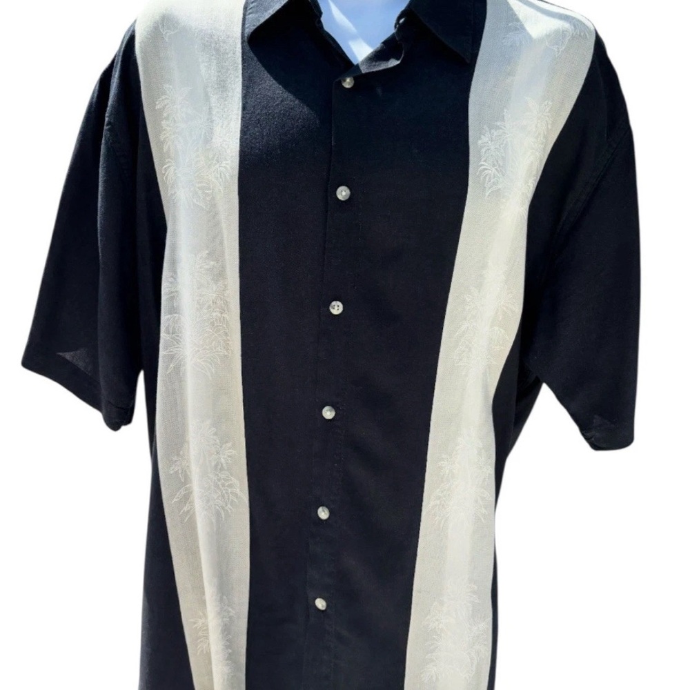 HOLLIS RIVER MEN'S HAWAIIAN BLACK / BEIGE W PALM TREES RAYON SHIRT SZ LG -026